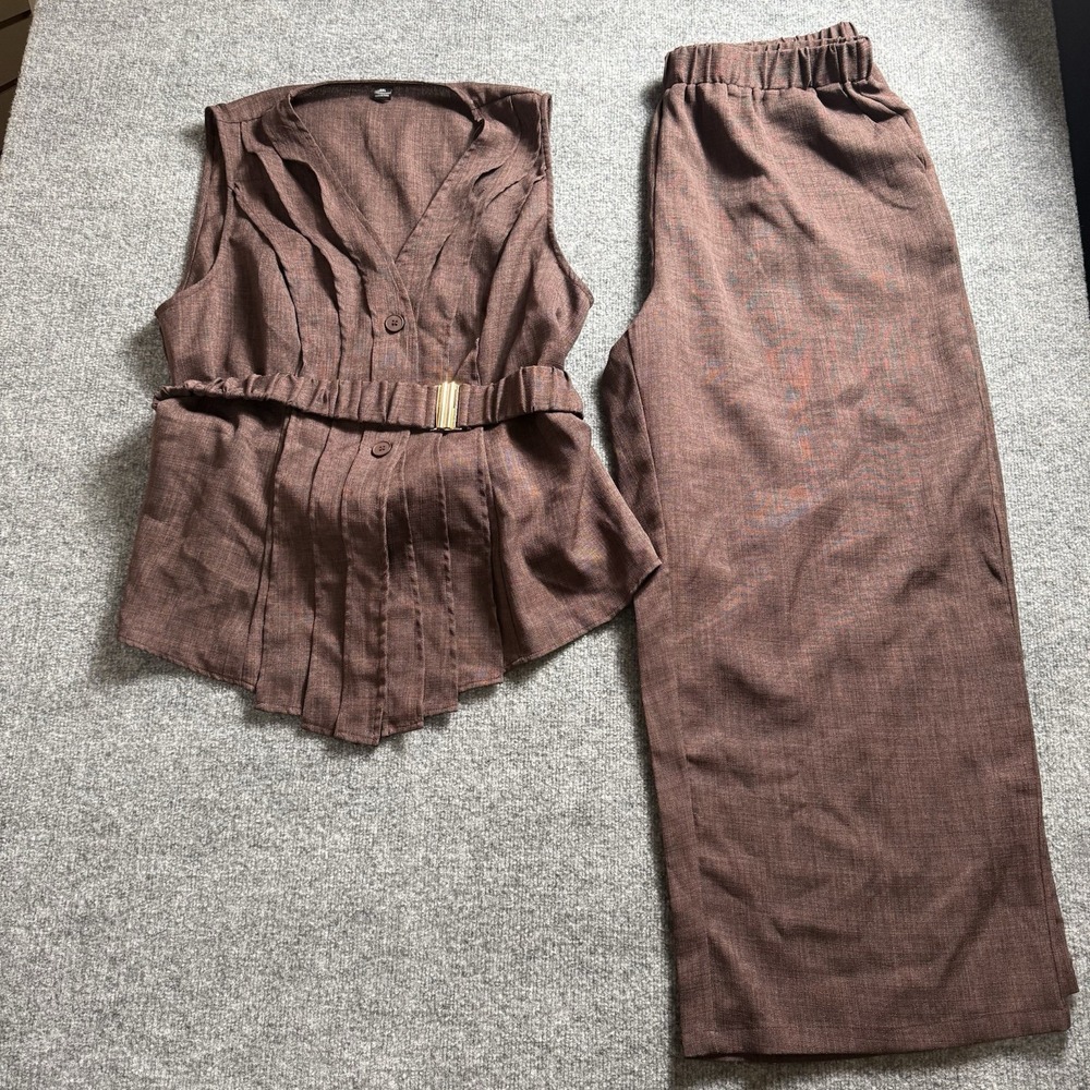 Womens Brown 2 Piece Set Pleated Belted Button Vest & Wide Leg Trousers 3X
